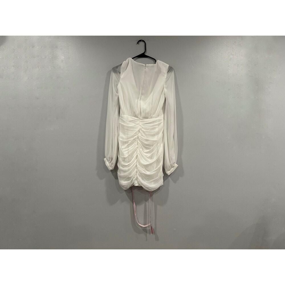 Mac Duggal 26655 White Long Blouson Sleeve Ruched Mini Dress Sz 4 - Picture 7 of 9